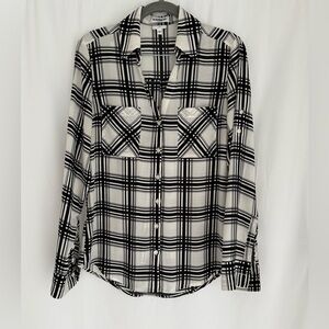 Express Portofino Plaid Blouse | Black & Ivory Career Shirt | Office Wear Top S